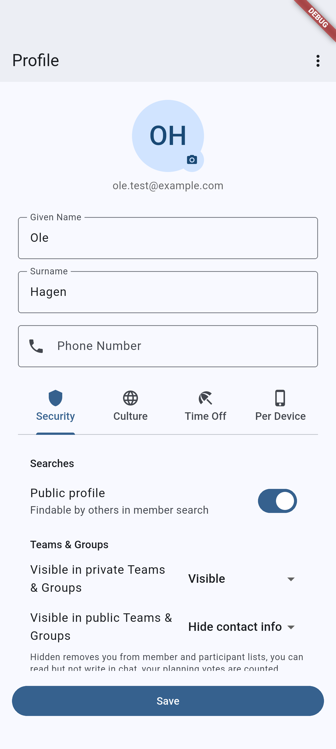 Profile screen on Android