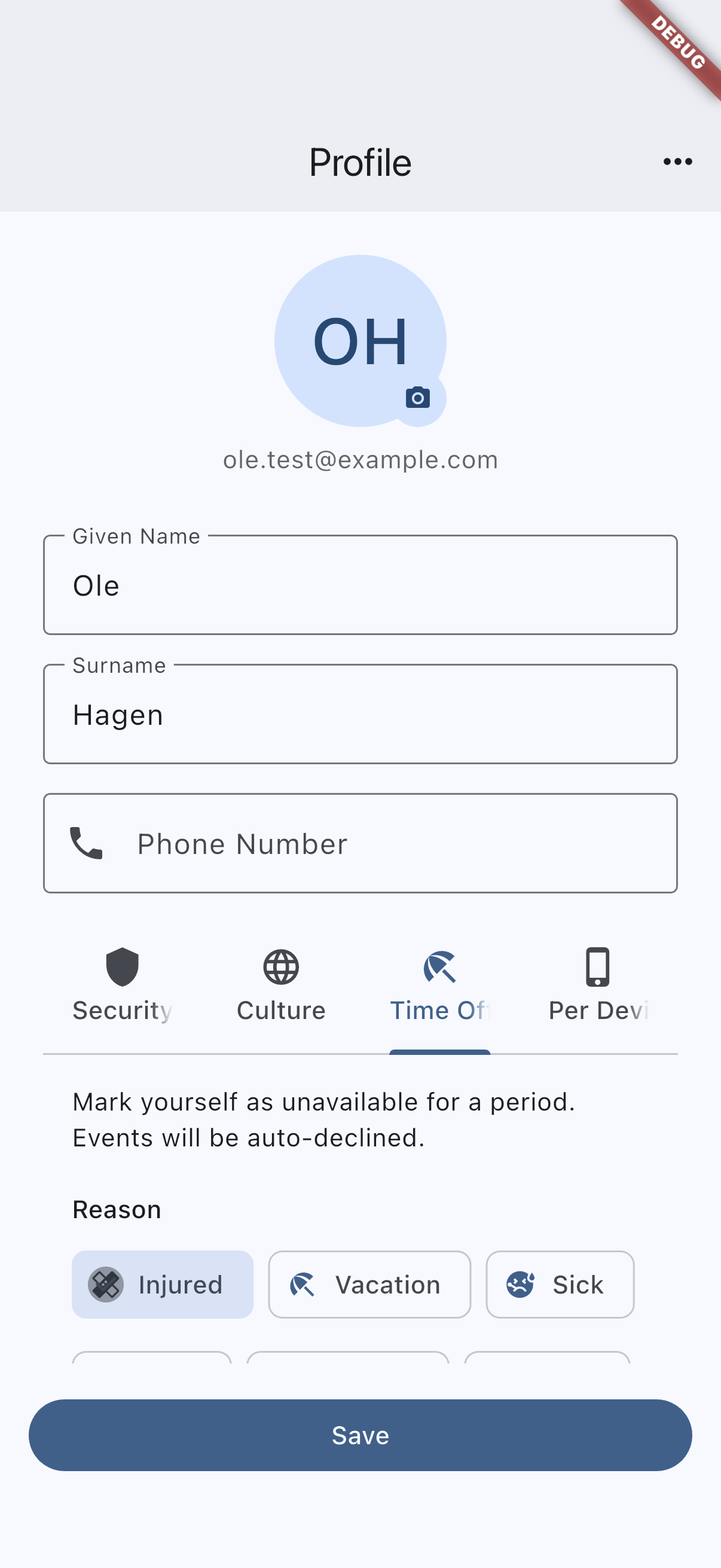 Profile Time Off tab on iOS